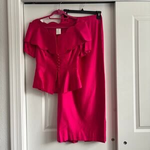 RARE Vtg 1980s Watters & Watters USA Hot Pink Formal Two-Piece Skirt Suit XS